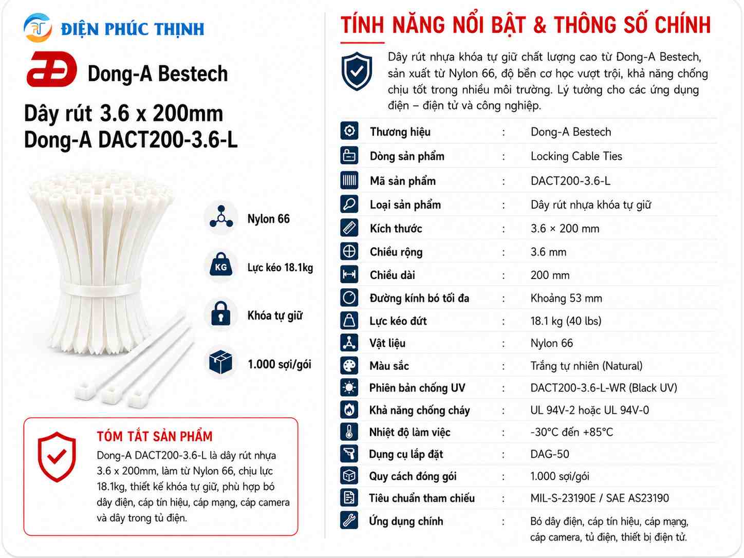 DONG-A-DACT140-3.6-L / Dây Rút Nhựa Dong-A 3.6x140mm