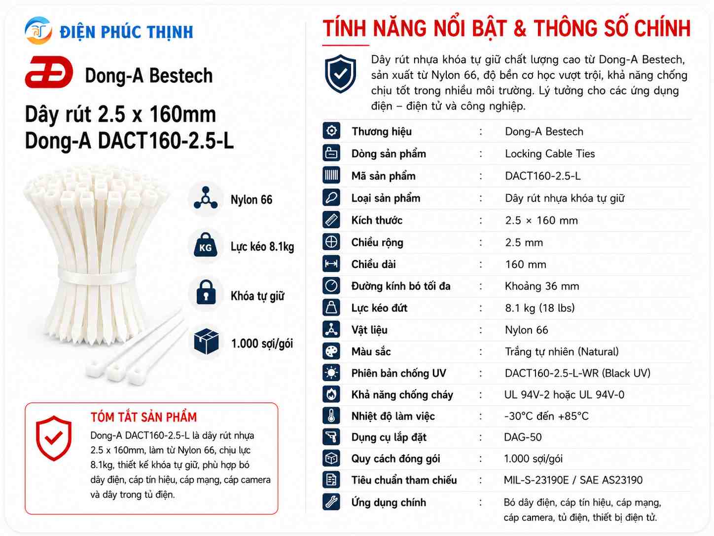 DONG-A-DACT160-2.5-L / Dây Rút Nhựa Dong-A 2.5x160mm