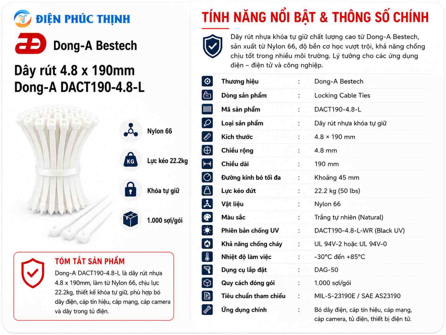 DONG-A-DACT190-4.8-L / Dây Rút Nhựa Dong-A 4.8x190mm