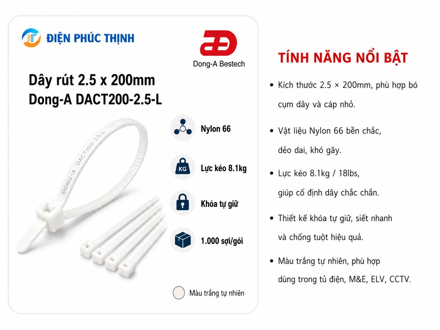 DONG-A-DACT200-2.5-L / Dây Rút Nhựa Dong-A 2.5x200mm