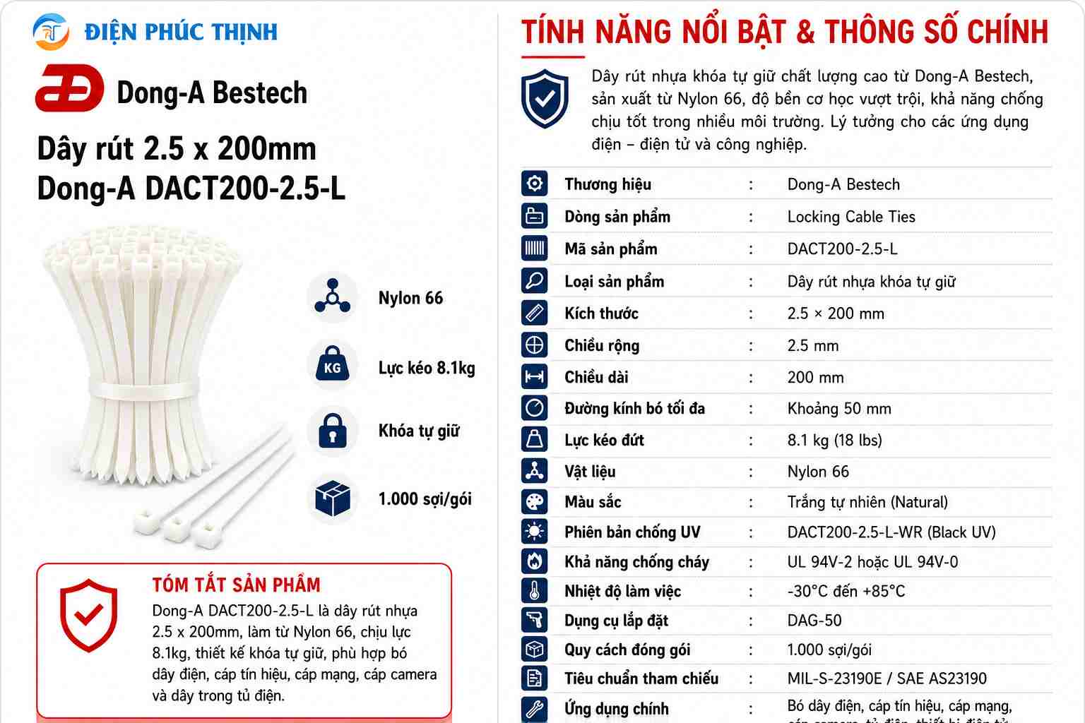 DONG-A-DACT200-2.5-L / Dây Rút Nhựa Dong-A 2.5x200mm