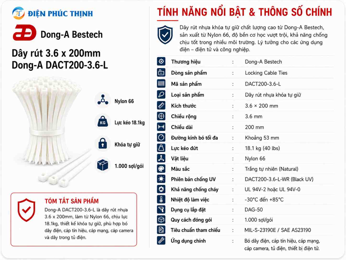 DONG-A-DACT200-3.6-L / Dây Rút Nhựa Dong-A 3.6x200mm