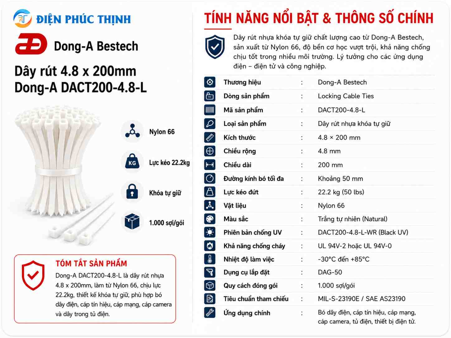 DONG-A-DACT200-4.8-L / Dây Rút Nhựa Dong-A 4.8x200mm