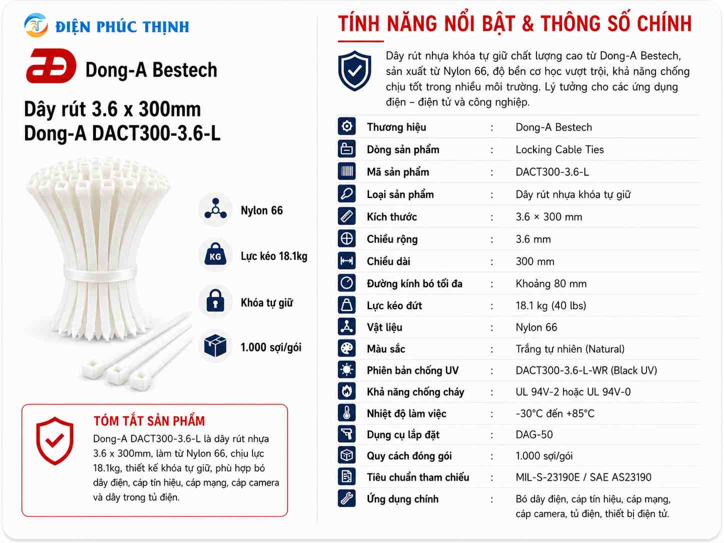 DONG-A-DACT300-3.6-L / Dây Rút Nhựa Dong-A 3.6x300mm