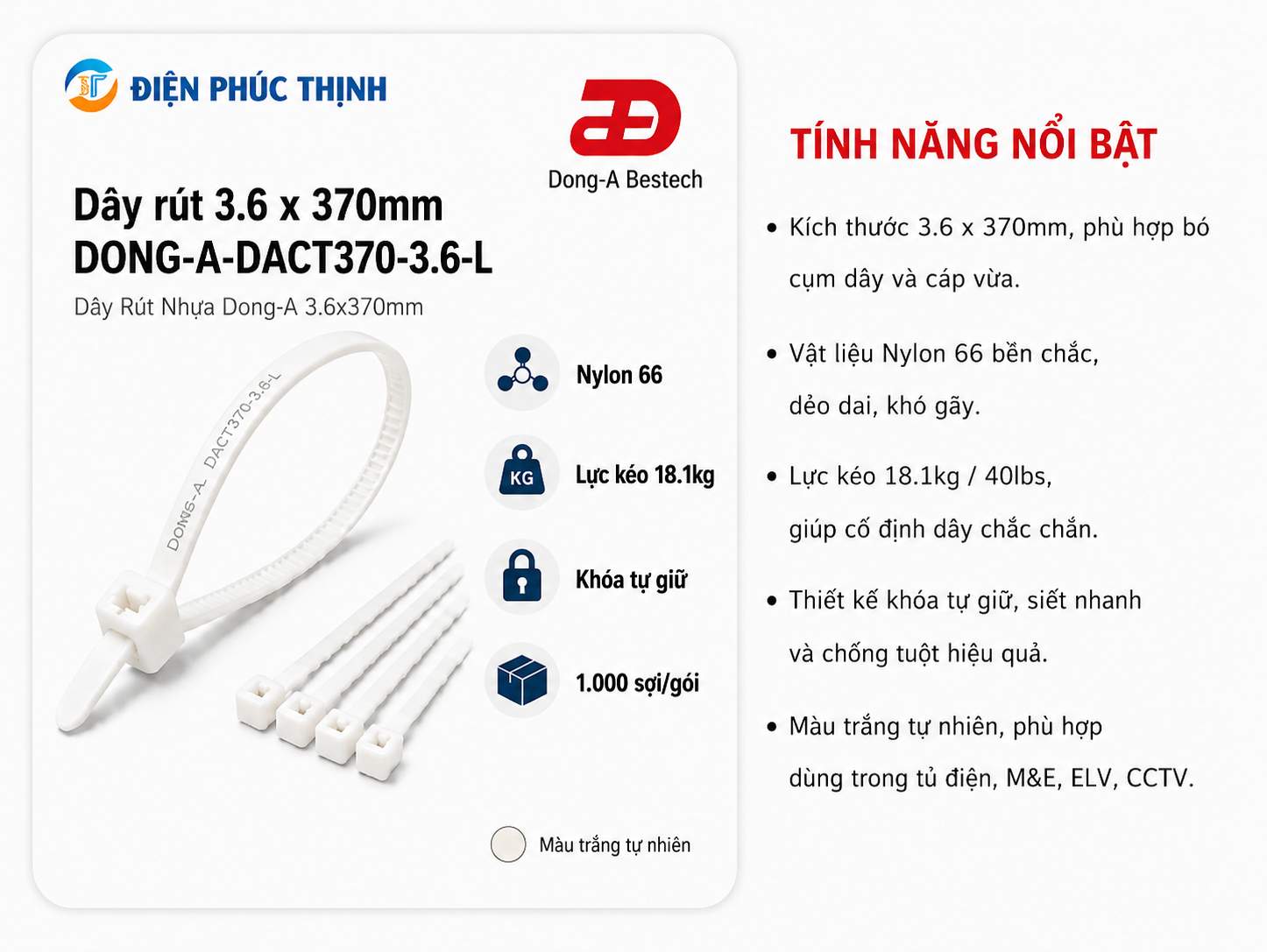 DONG-A-DACT210-3.6-L / Dây Rút Nhựa Dong-A 3.6x210mm