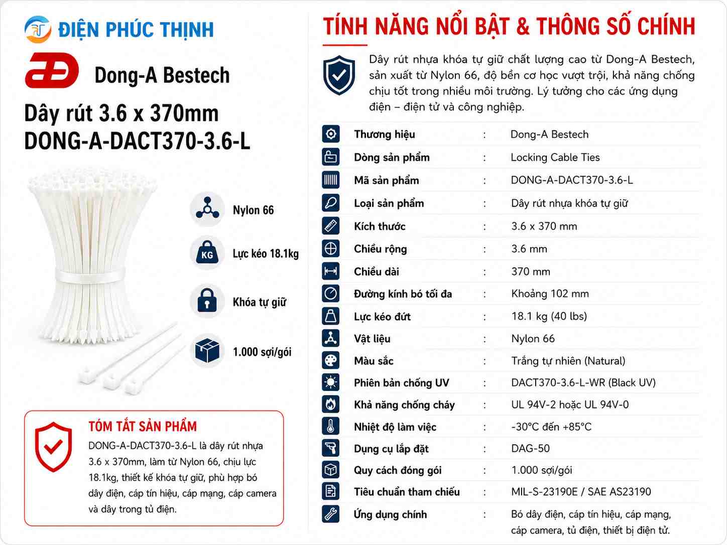 DONG-A-DACT370-3.6-L / Dây Rút Nhựa Dong-A 3.6x370mm
