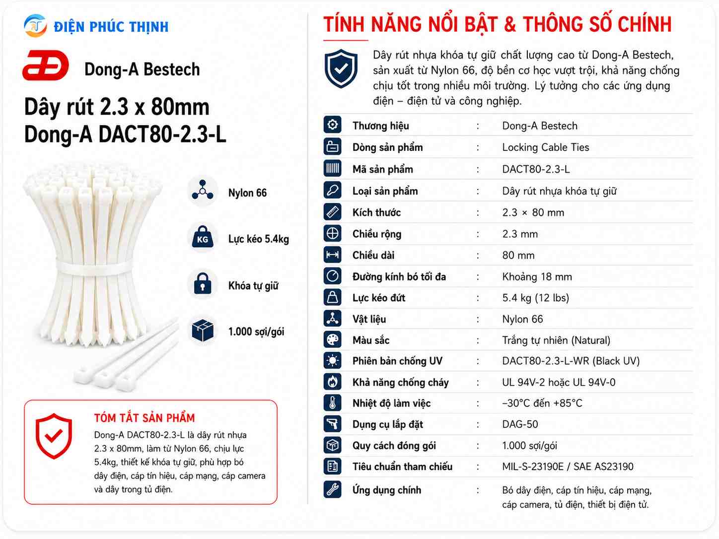DONG-A-DACT80-2.3-L / Dây Rút Nhựa Dong-A 2.3x80mm