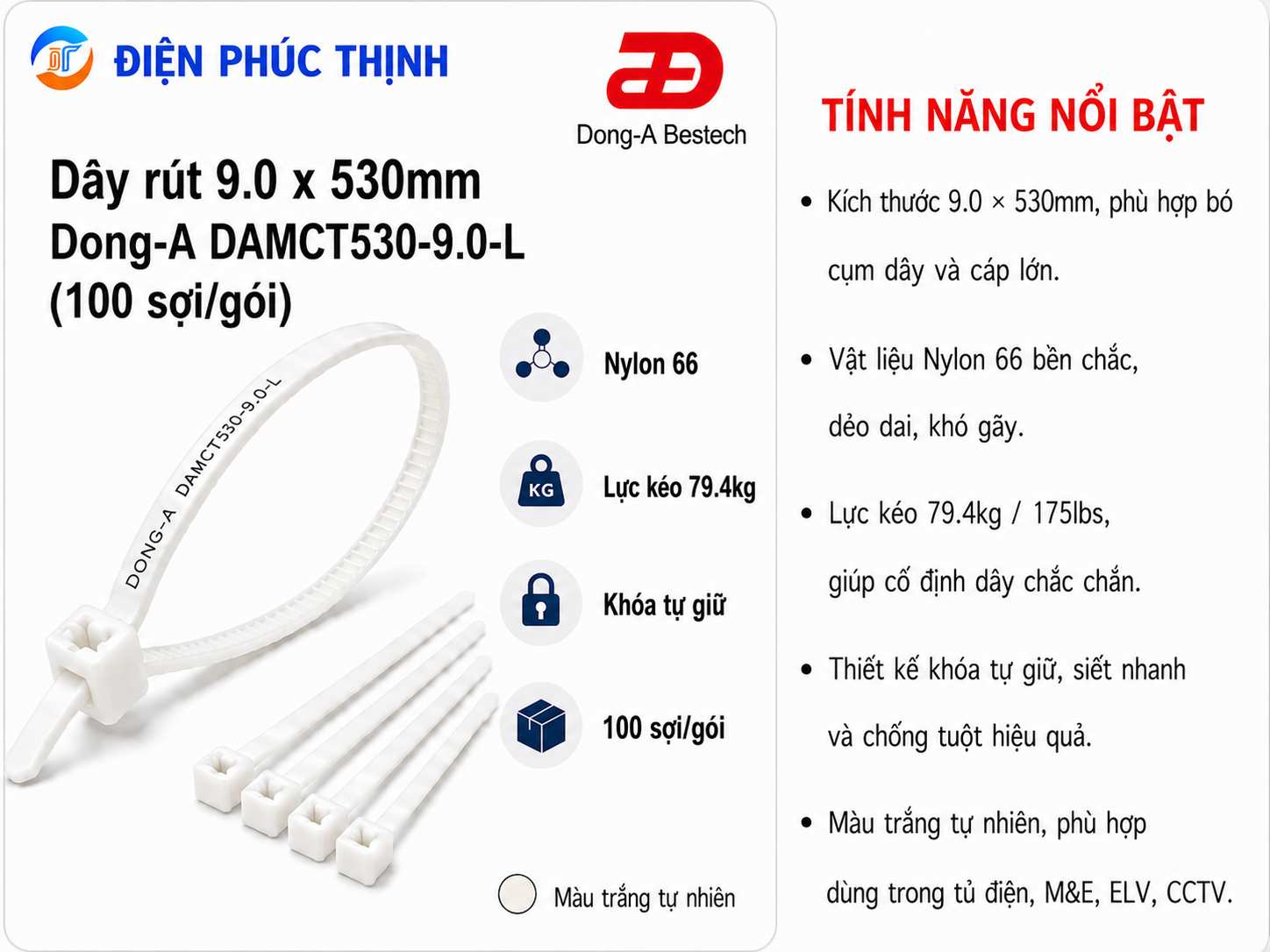 DONG-A-DAMCT530-9.0-L / Dây Rút Nhựa Dong-A 9.0×530mm