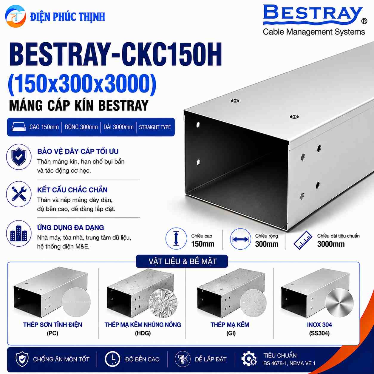 BESTRAY-CKC150H / Máng Cáp Kín Bestray 150×300×3000mm