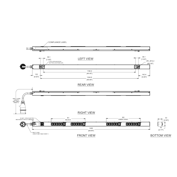 E24B11M / Thanh Phân Phối Điện Panduit - PDU Cơ Bản - 32A - (20)C13, (4)C19 - IEC 60309 2P+E 6h IP44-3M - Top Fed - Đen