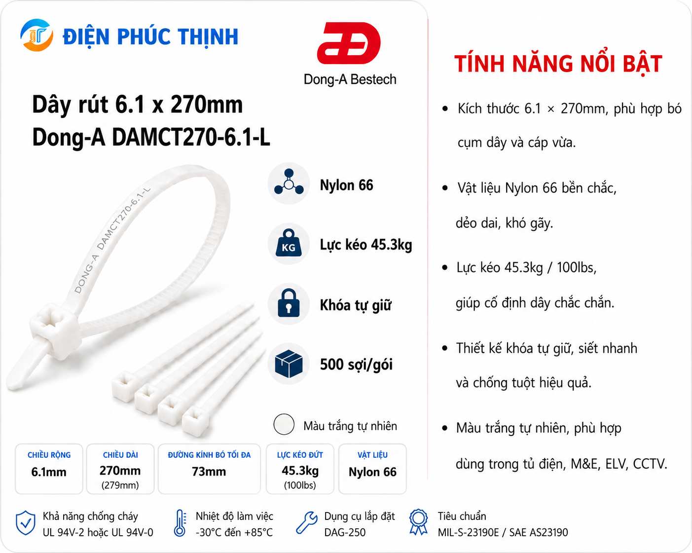 DONG-A-DAMCT300-6.3-L / Dây Rút Nhựa Dong-A 6.3×300mm