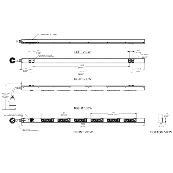 E30B06M / Thanh Phân Phối Điện Panduit - PDU Cơ Bản - 32A - (24)C13, (6)C19 - IEC 60309 2P+E 6h IP44-3M - Top Fed - Đen