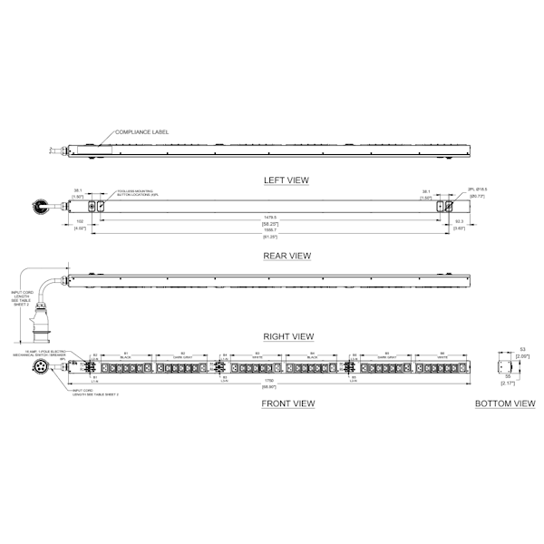 E42B11M / Thanh Phân Phối Điện Panduit - PDU Cơ Bản - 32A - (30)C13, (12)C19 - IEC 60309 2P+E+N 6h IP44-3M - Top Fed - Đen