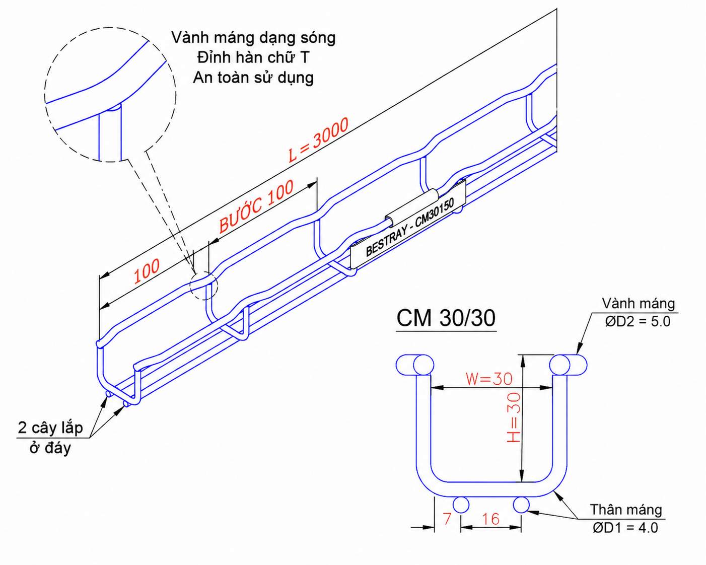 BESTRAY-CM30/30 / Máng Cáp Bestray - Dạng lưới 30×30×3000mm