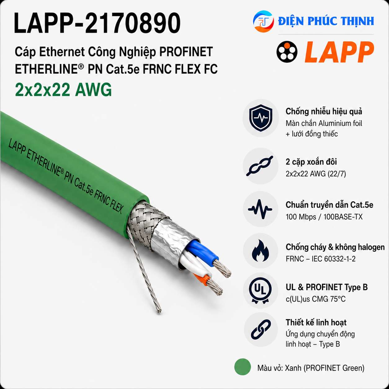 LAPP-2170890 / Cáp ETHERLINE PN Cat.5e FRNC FLEX FC 2x2x22 AWG