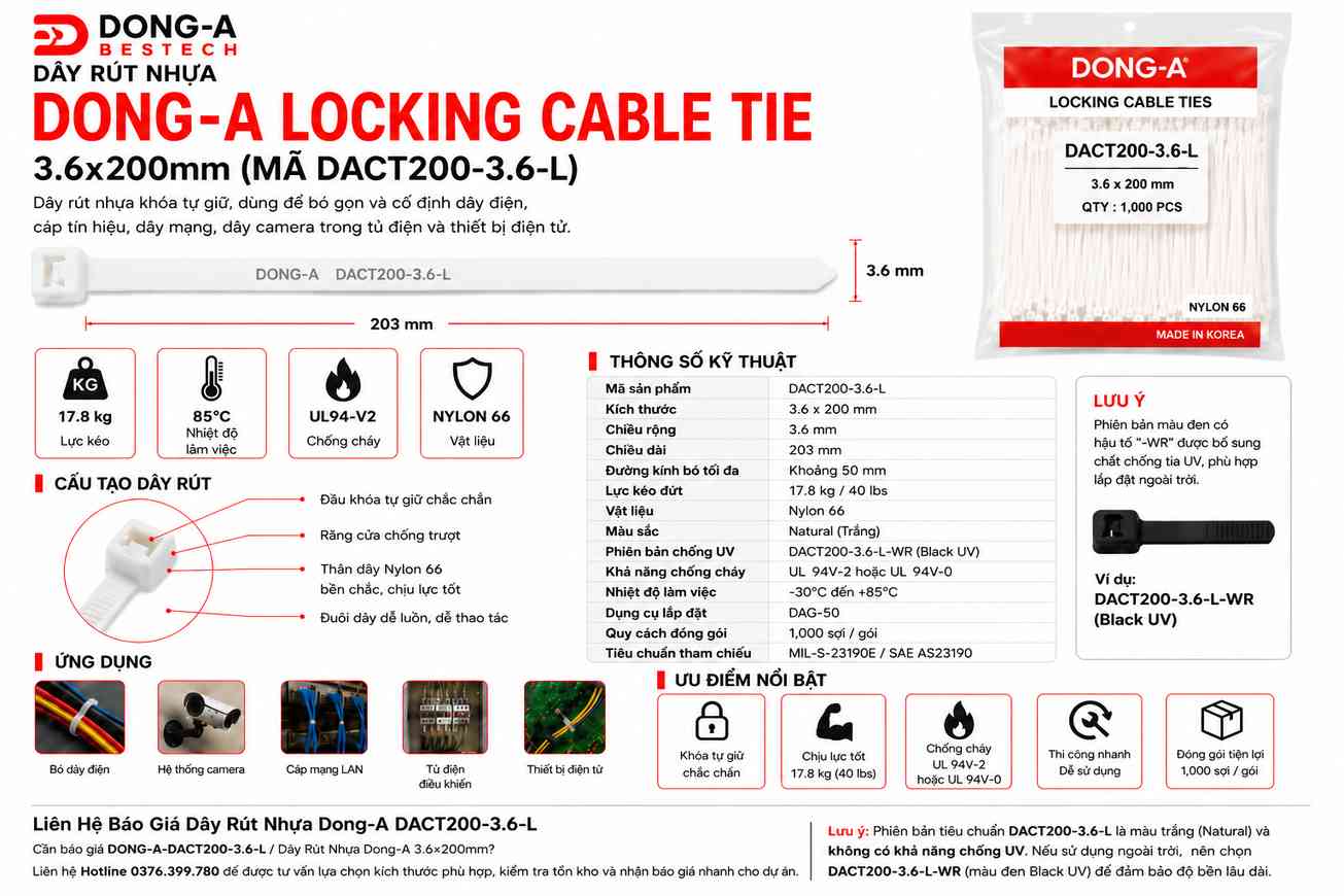 DONG-A-DACT200-3.6-L / Dây Rút Nhựa Dong-A 3.6x200mm