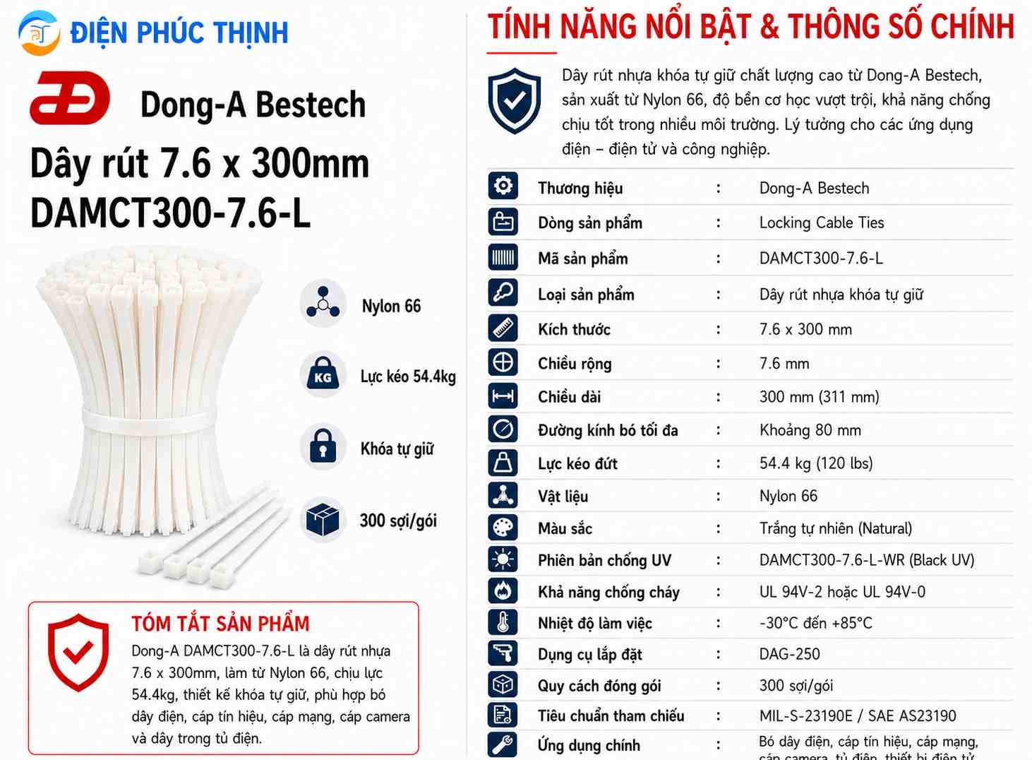 DONG-A-DAMCT300-7.6-L / Dây Rút Nhựa Dong-A 7.6×300mm