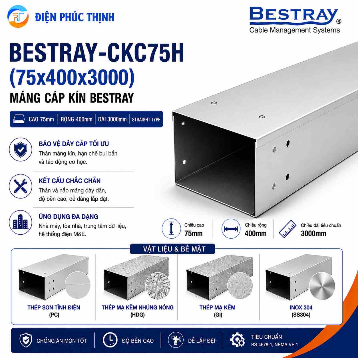 BESTRAY-CKC75H / Máng Cáp Bestray - Dạng Kín 75×400×3000mm