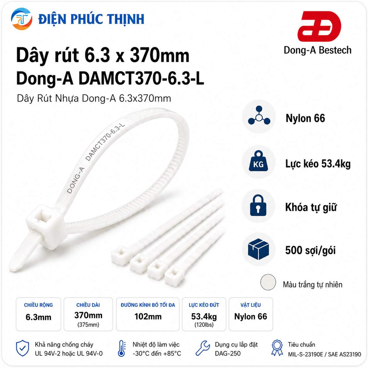 DONG-A-DAMCT370-6.3-L / Dây Rút Nhựa Dong-A 6.3×370mm