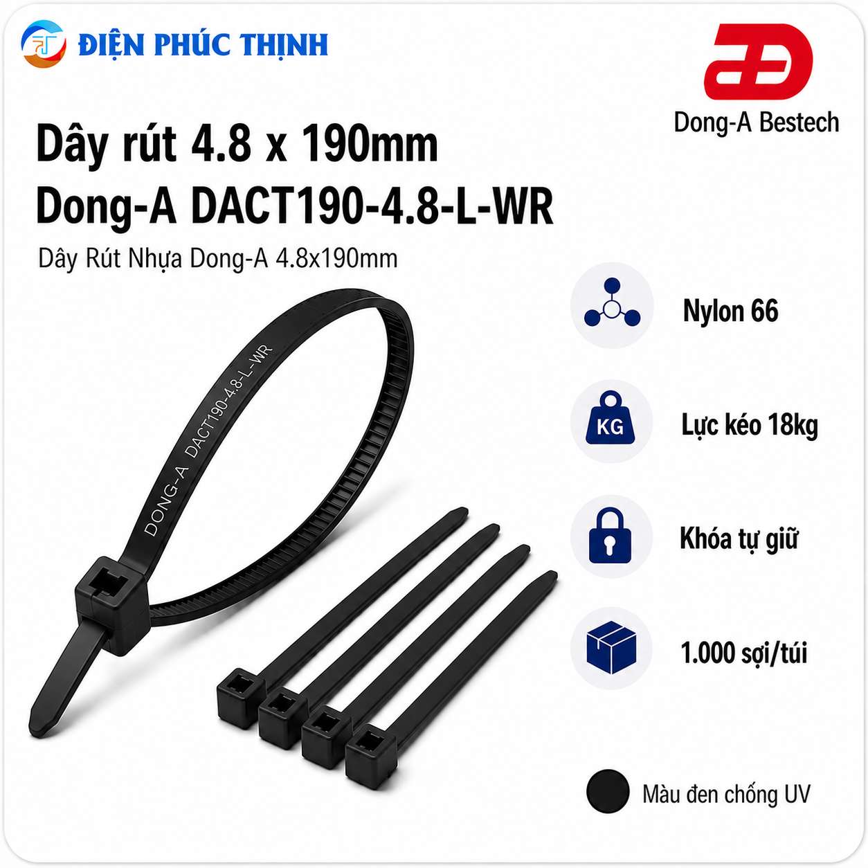 DONG-A-DACT190-4.8-L-WR / Dây Rút Nhựa Dong-A 4.8×190mm Chống UV