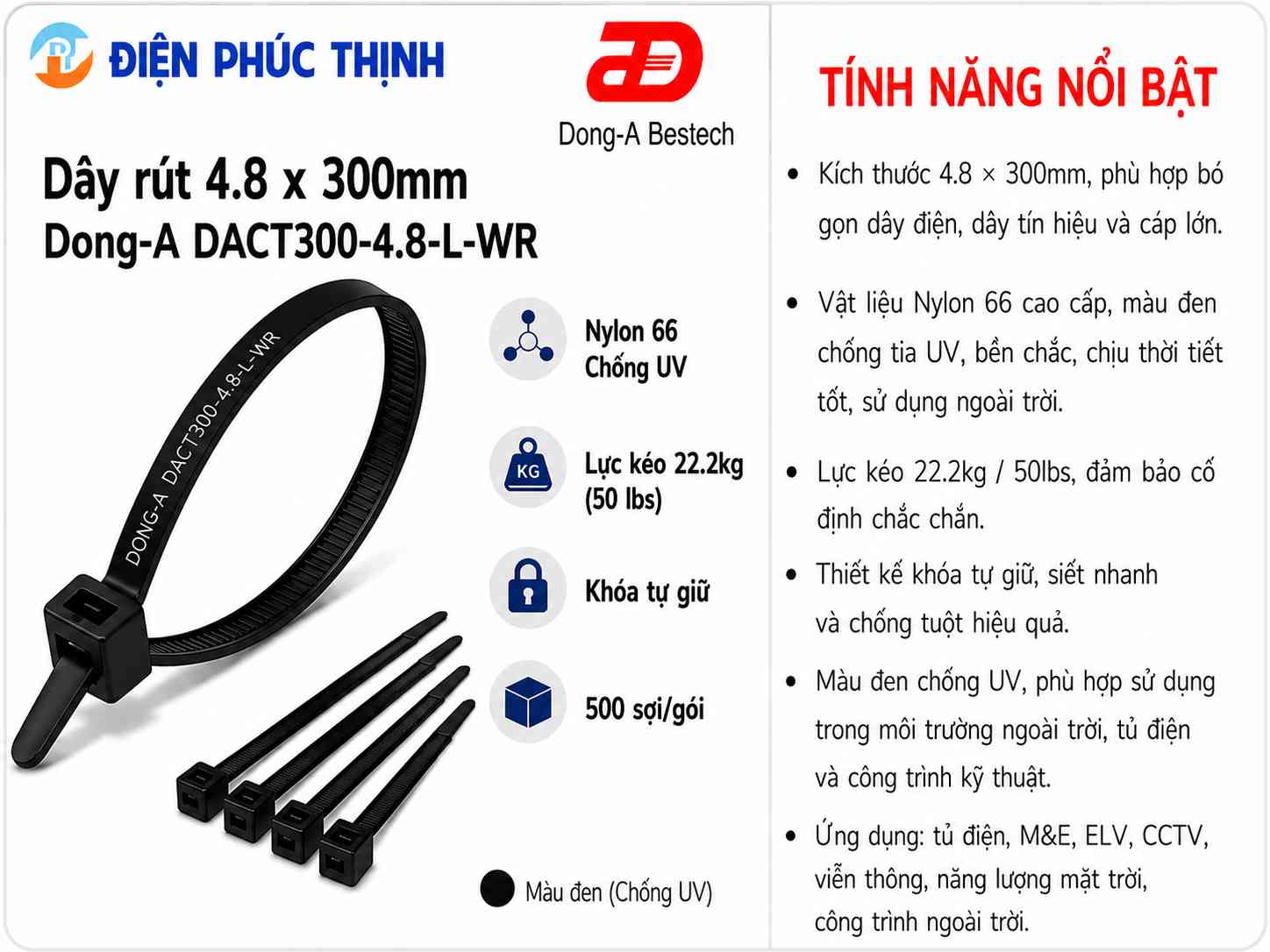DONG-A-DACT300-4.8-L-WR / Dây Rút Nhựa Dong-A 4.8×300mm Chống UV