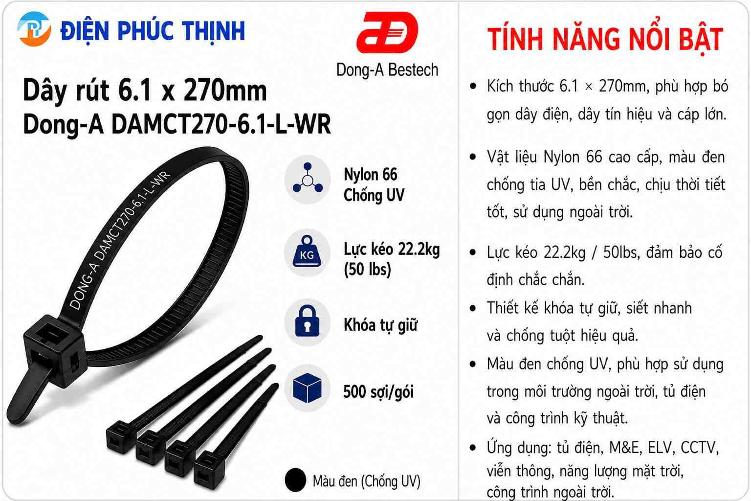 DONG-A-DAMCT270-6.1-L-WR / Dây Rút Nhựa Dong-A 6.1×270mm Chống UV