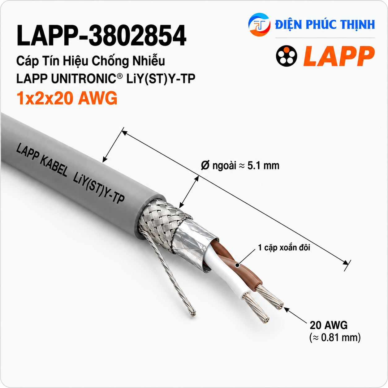 LAPP-3802854 / Cáp Tín Hiệu Chống Nhiễu LAPP UNITRONIC LiY(ST)Y-TP 1x2x20 AWG