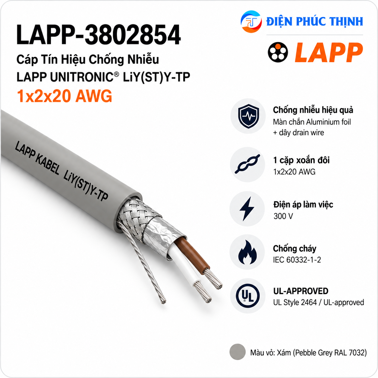 LAPP-3802854 / Cáp Tín Hiệu Chống Nhiễu LAPP UNITRONIC LiY(ST)Y-TP 1x2x20 AWG