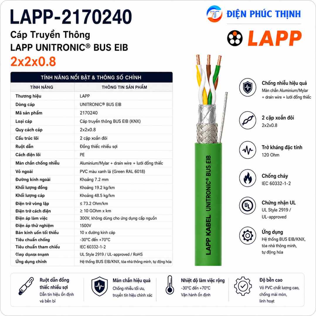 LAPP-2170240 / Cáp Truyền Thông LAPP UNITRONIC BUS EIB 2x2x0.8