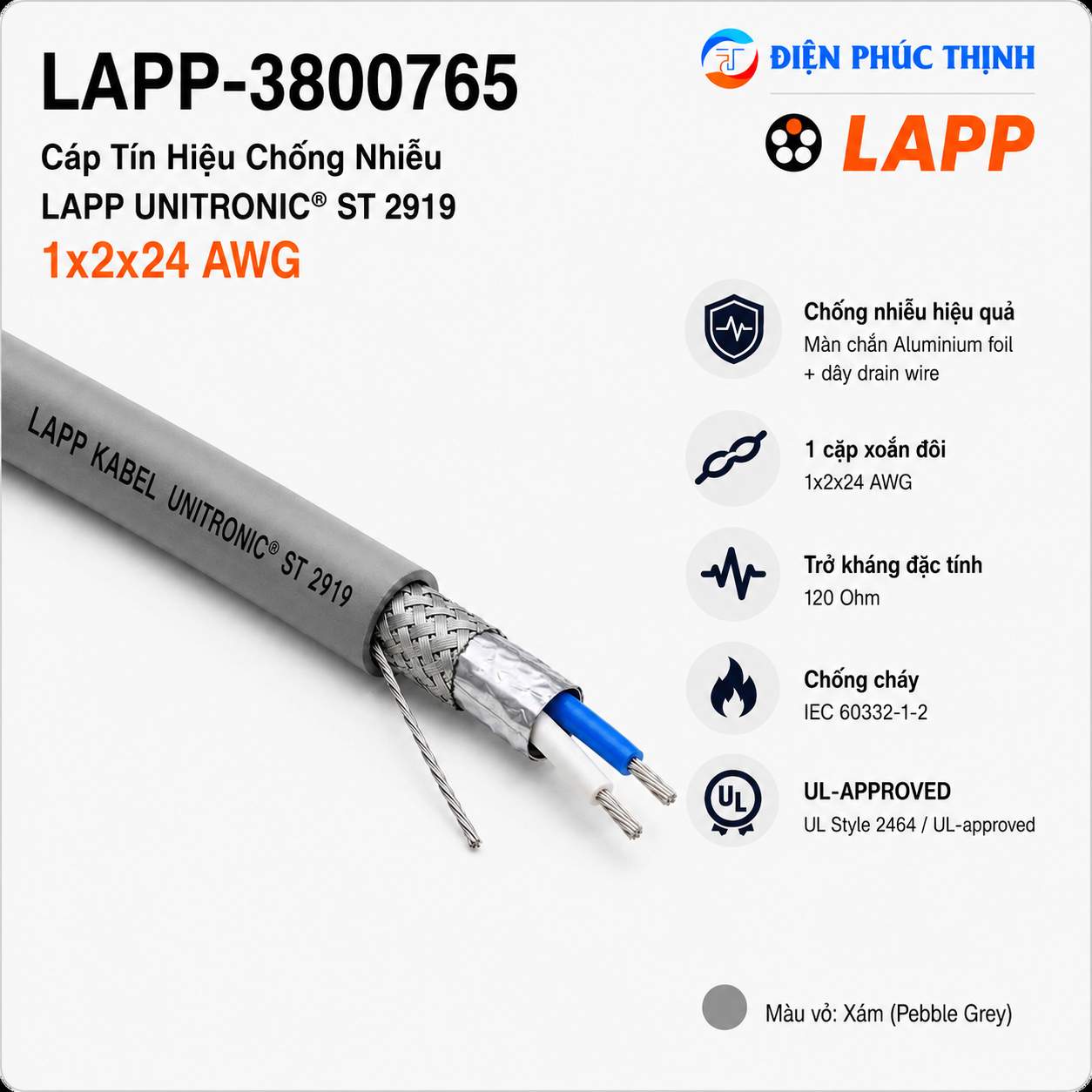LAPP-3800765 /  Cáp Tín Hiệu Chống Nhiễu LAPP UNITRONIC ST 2919 1x2x24 AWG