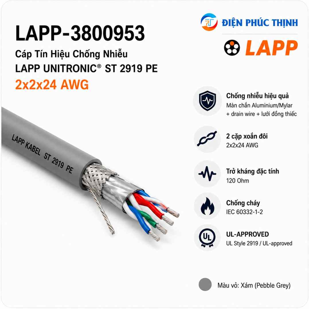 LAPP-3800953 / Cáp Tín Hiệu Chống Nhiễu LAPP UNITRONIC ST 2919 PE 2x2x24 AWG