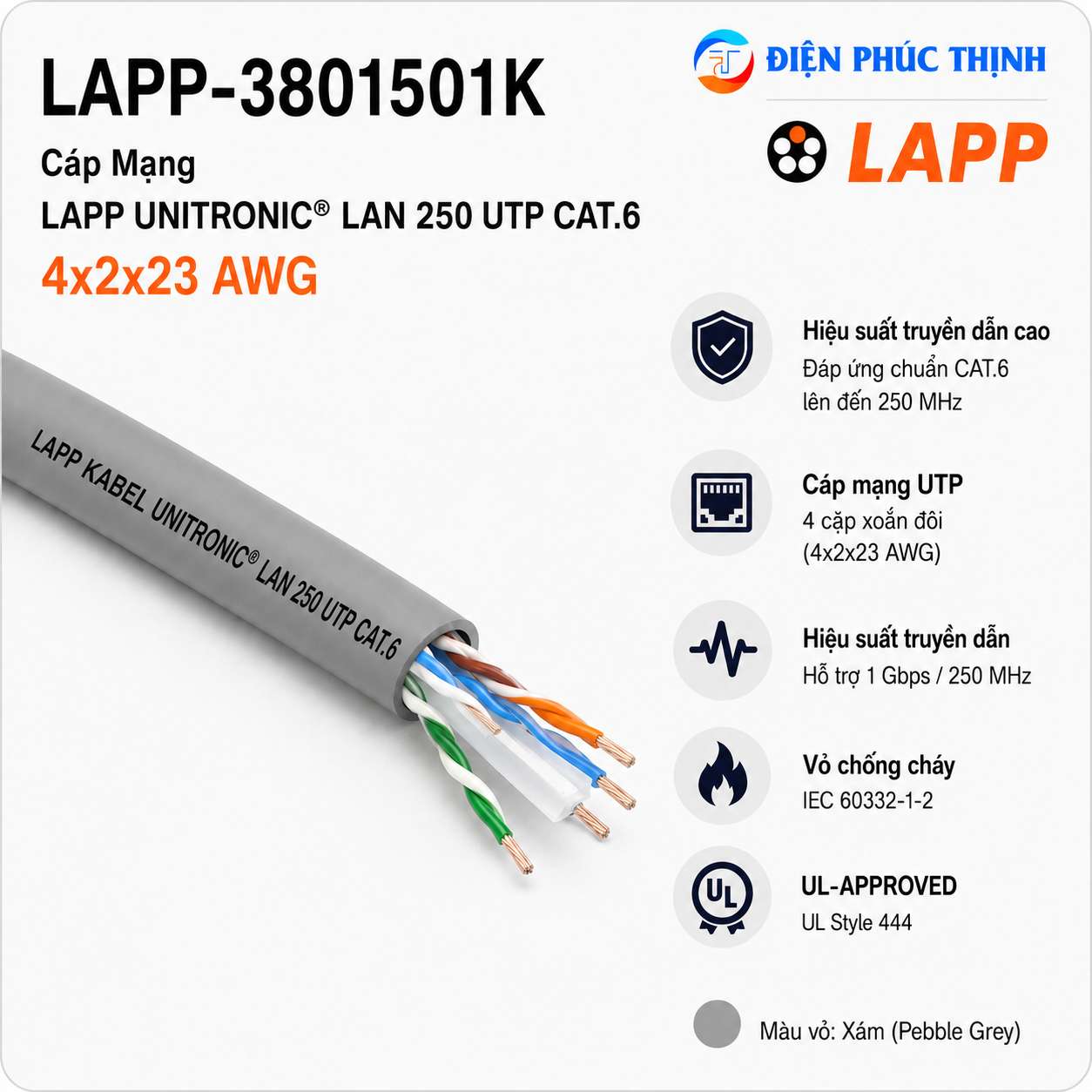 LAPP-3801501K / Cáp Mạng LAPP UNITRONIC LAN 250 UTP CAT.6 4x2x23 AWG