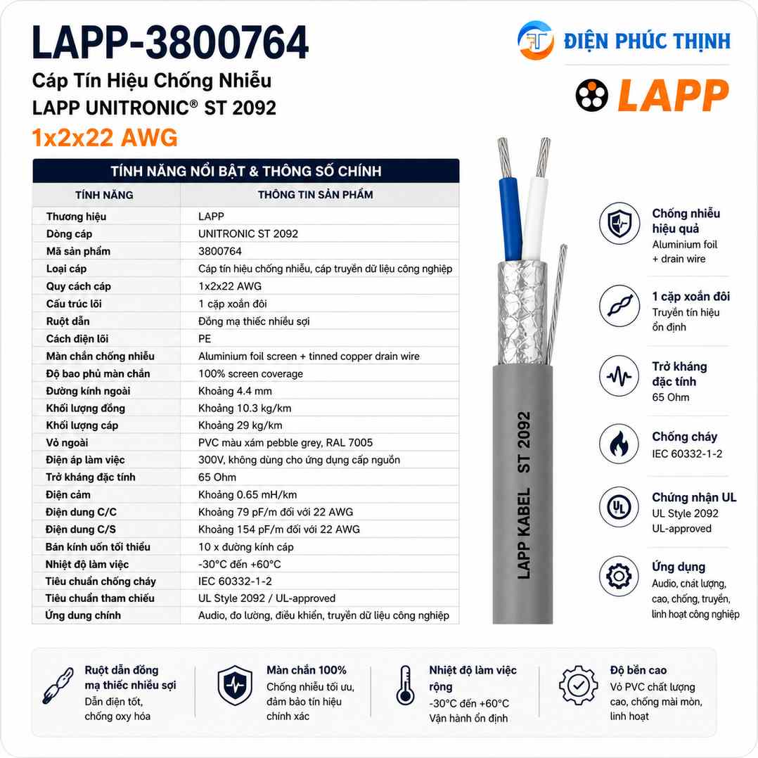 LAPP-3800764 / Cáp Tín Hiệu Chống Nhiễu LAPP UNITRONIC ST 2092 1x2x22 AWG