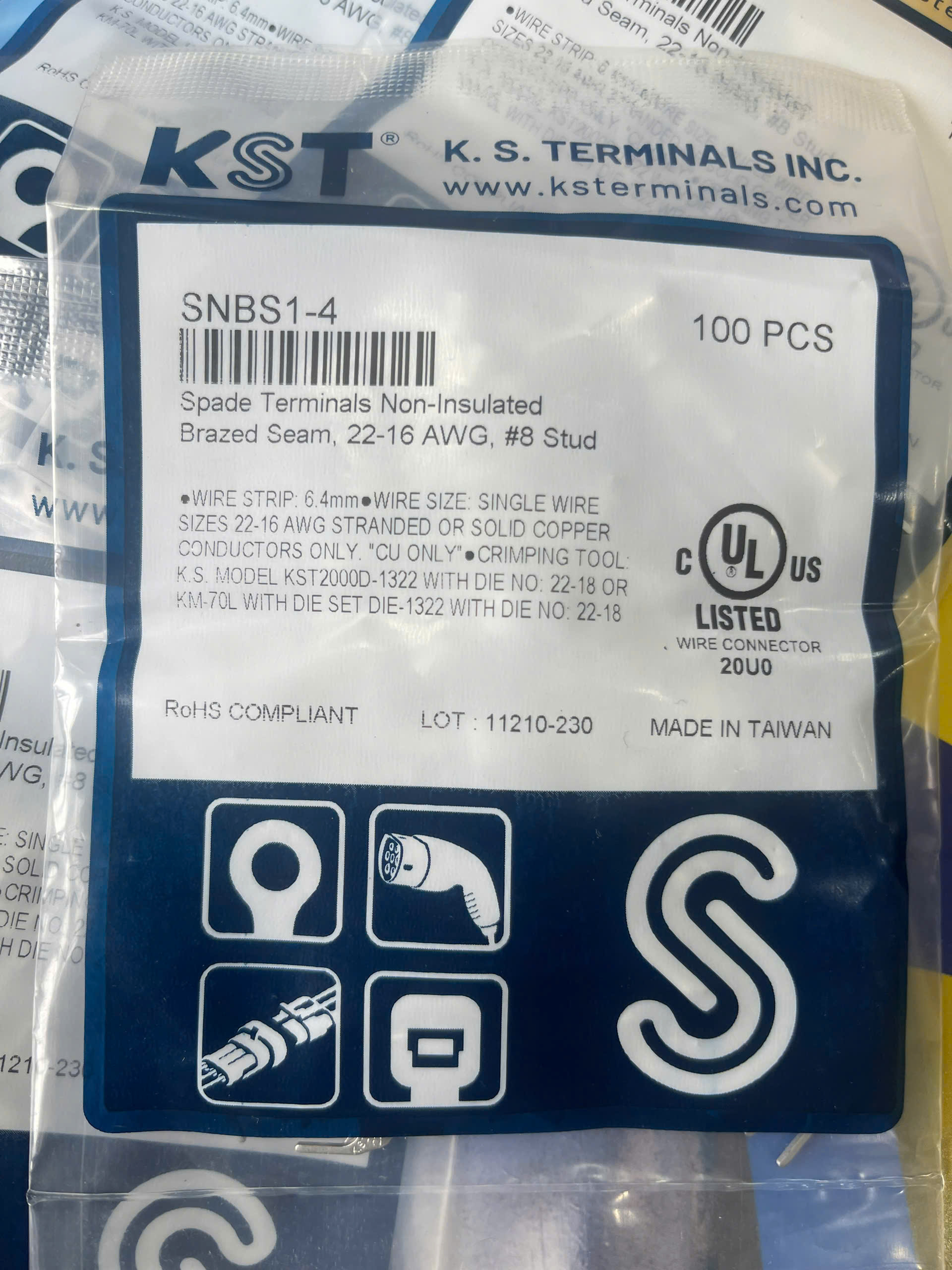 SNBS1-4 /  Đầu Cosse Chỉa Trần Dẫn Điện KST 0.5-1.5 mm2 (100 Cái/Bịch) - NON-INSULATED SPADE TERMINALS