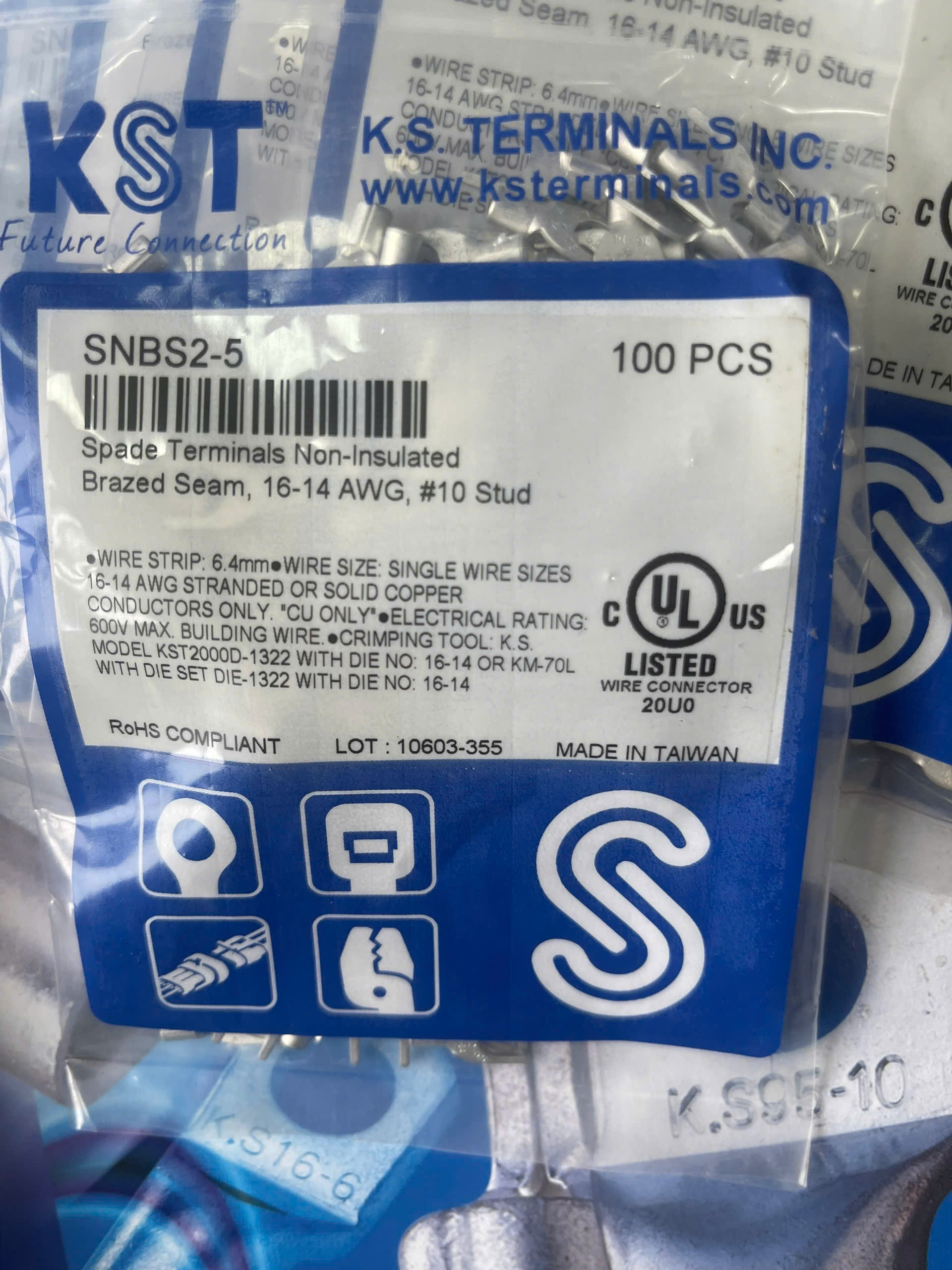 SNBS2-5 /  Đầu Cosse Chỉa Trần Dẫn Điện KST 1.5-2.5 mm2 (100 Cái/Bịch) - NON-INSULATED SPADE TERMINALS