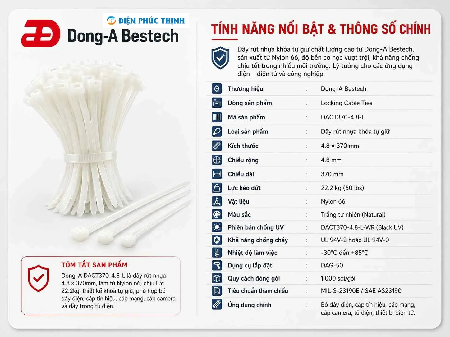 DONG-A-DACT370-4.8-L / Dây Rút Nhựa Dong-A 4.8x370mm