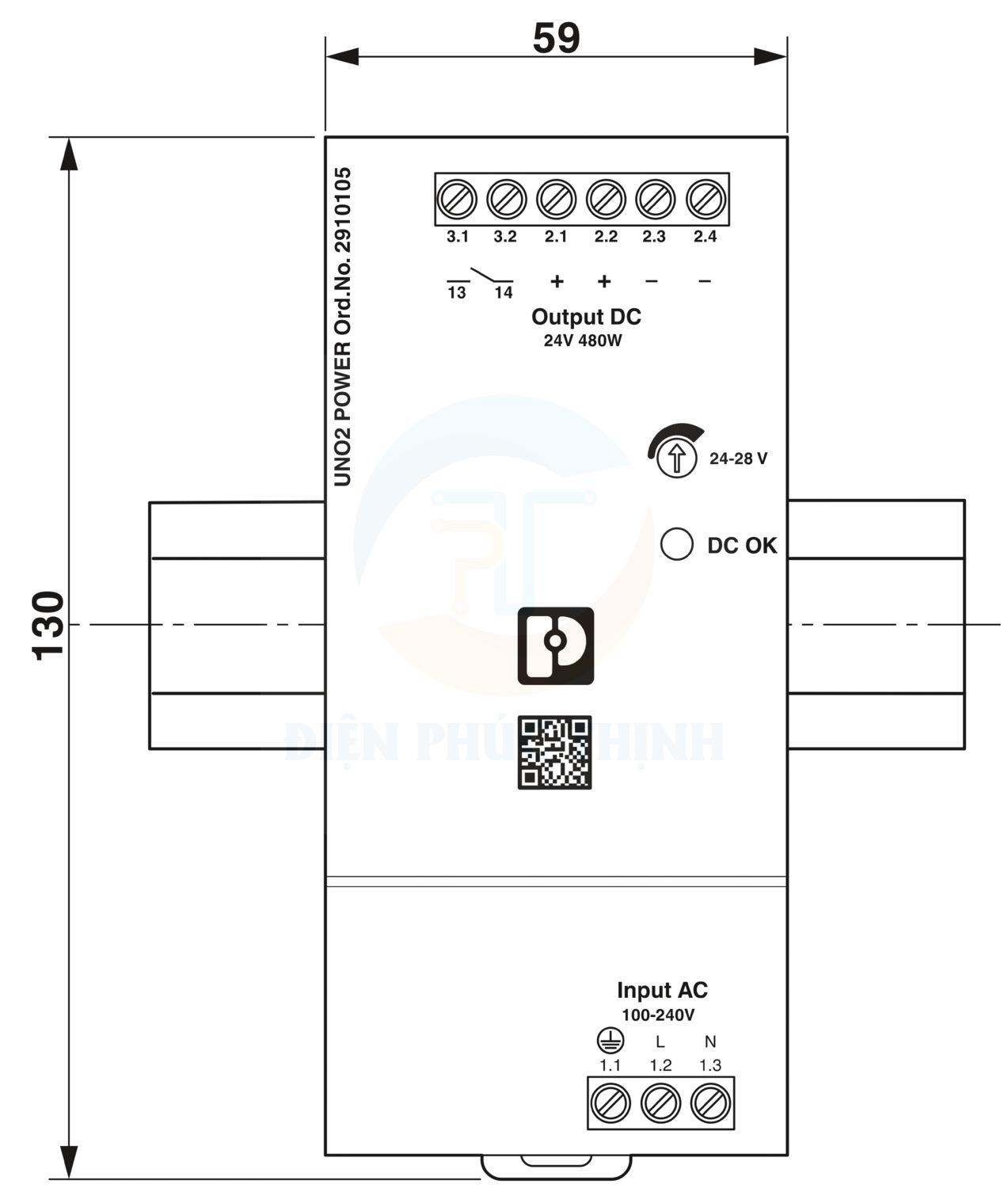 2910105 - Bộ cấp nguồn / Power supply unit UNO2-PS/1AC/24DC/480W hãng Phoenix Contact
