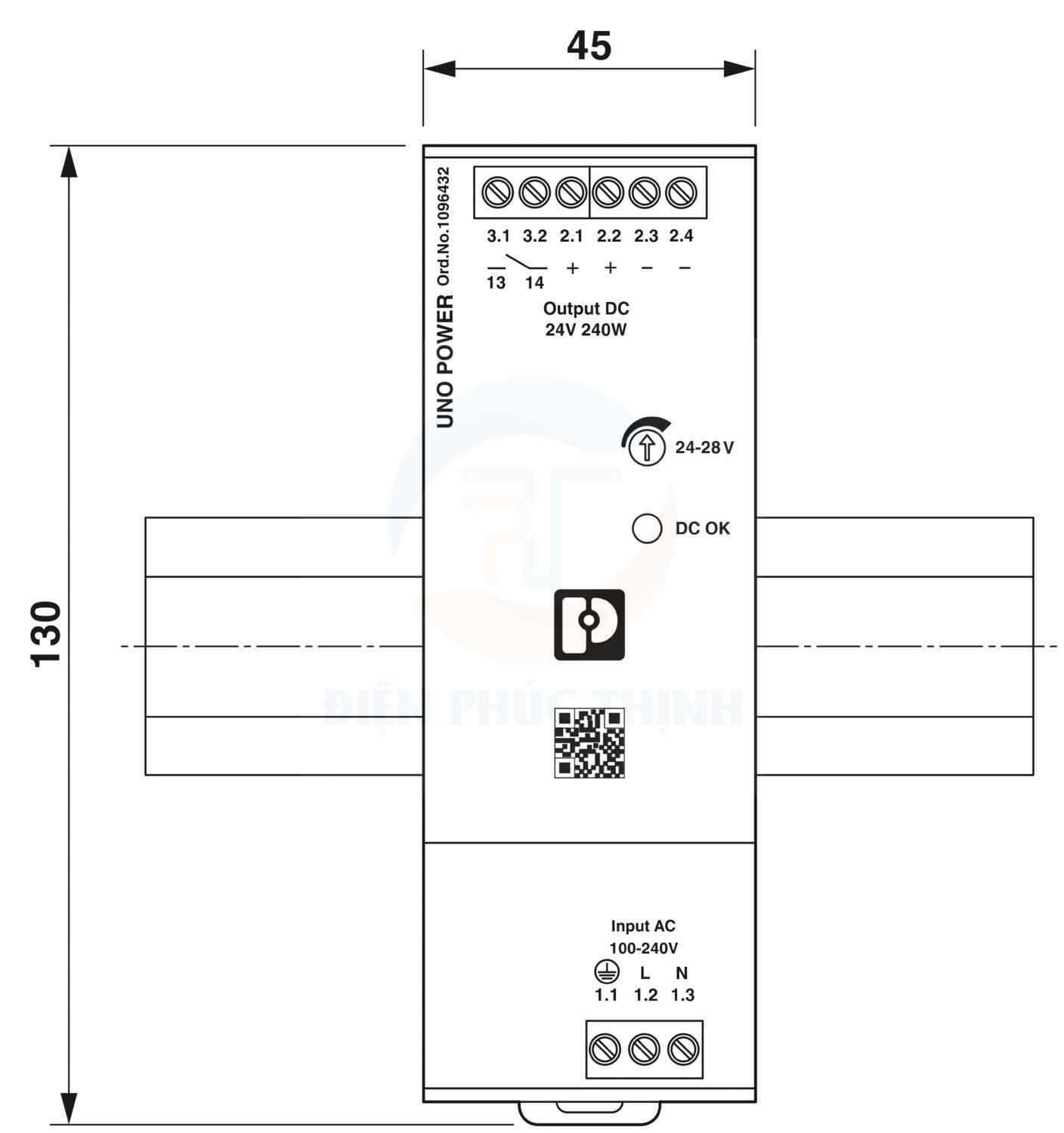 1096432 - Bộ cấp nguồn / Power supply unit UNO2-PS/1AC/24DC/240W hãng Phoenix Contact