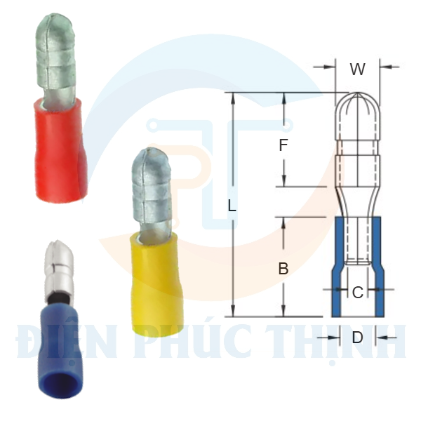 MPV1-156 / Đầu Cosse Ngắt Phụ Hình Đạn Bọc Nhựa (Đực) KST 0.5-1.5 mm - VINYL-INSULATED BULLET DISCONNECTORS