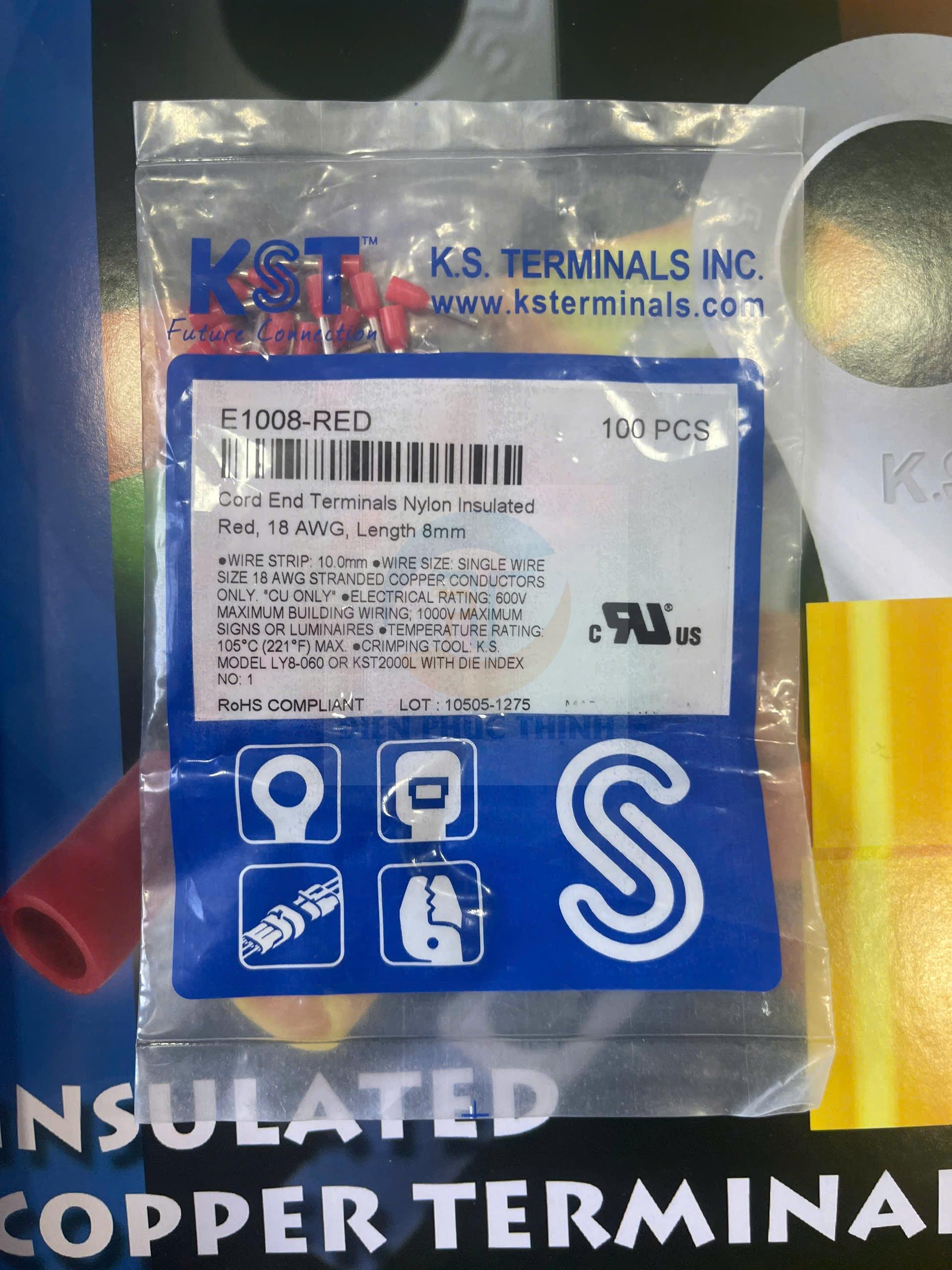 KST-E1008 / Đầu cosse pin rỗng bọc nhựa 1 mm2 - NYLON-INSULATED CORD END TERMINALS (E SERIES) hãng KST