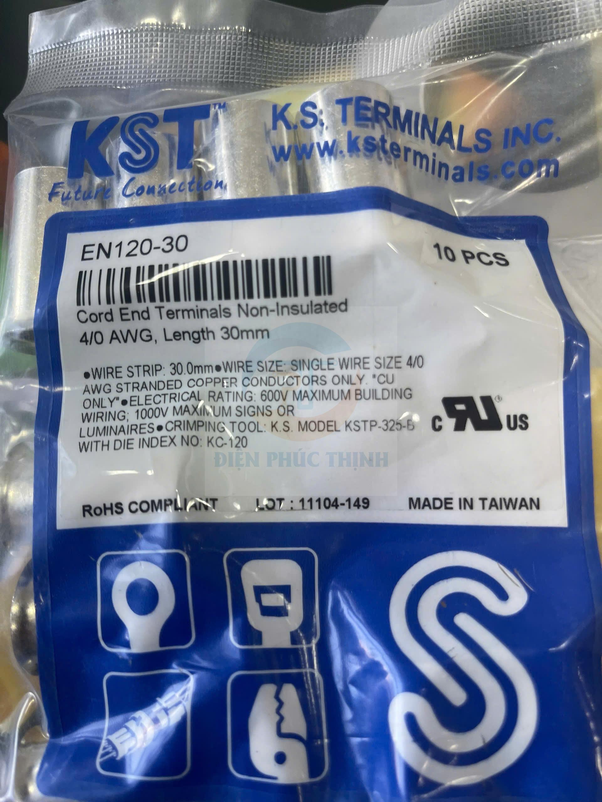 KST-EN120-30 / Đầu cosse pin rỗng trần 120 mm2 - NON-INSULATED CORD END TERMINALS - Bịch 10 cái