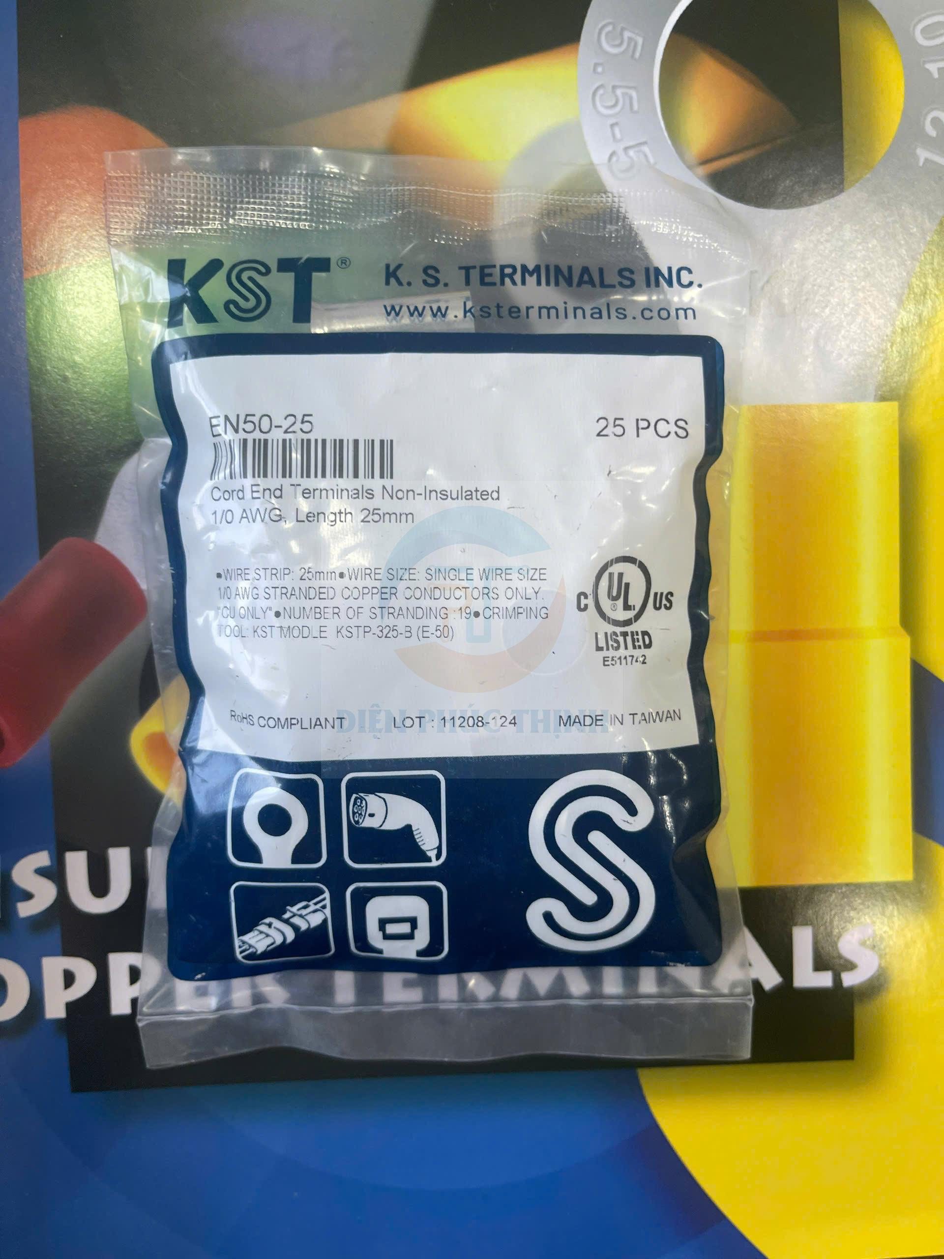 KST-EN50-25 / Đầu cosse pin rỗng trần 50 mm2 - NON-INSULATED CORD END TERMINALS hãng KST