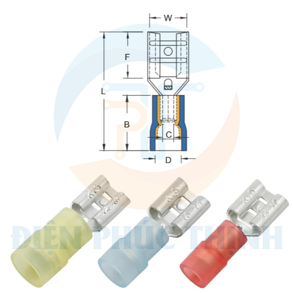 FDNYD1-187(5) / Đầu Cosse Ngắt Phụ Cách Điện Nylon (Cái) Uốn Đôi KST 0.5-1.5 mm - NYLON-INSULATED DOUBLE CRIMP FEMALE DISCONNECTORS
