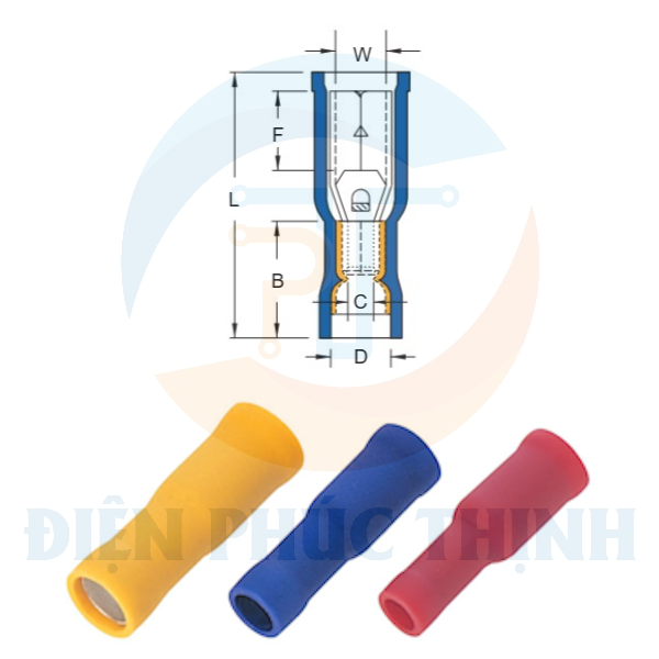 FRD1-156 / Đầu Cosse Ngắt Phụ Hình Đạn Bọc Nhựa Nối Đôi (Cái) KST 0.5-1.5 mm - VINYL-FULLY INSULATED DOUBLE CRIMP RECEPTACLE DISCONNECTORS