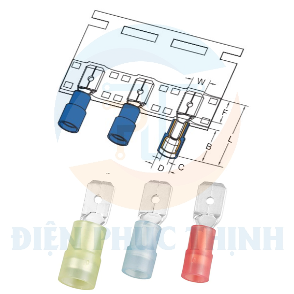 MDNYD1-187(5)-T / Đầu Cosse Ngắt Phụ Cách Điện Nylon (Đực) Dạng Cuộn KST 0.5-1.5 mm - TAPE ON REELS NYLON-FULLY INSULATED DOUBLE CRIMP MALE DISCONNECTORS