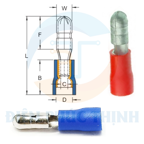 MPD1-156 / Đầu Cosse Ngắt Phụ Hình Đạn Bọc Nhựa Nối Đôi (Đực) KST 0.5-1.5 mm - VINYL-FULLY INSULATED DOUBLE CRIMP BULLET DISCONNECTORS