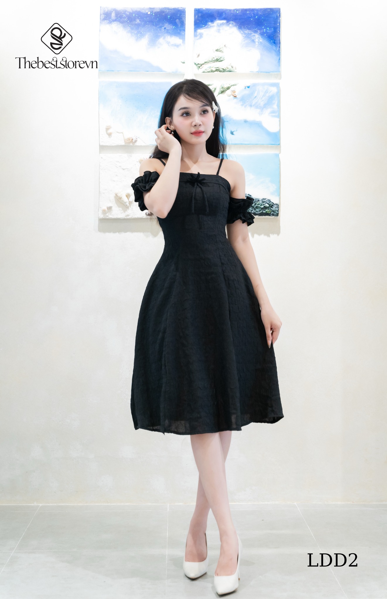Đầm tiệc 2 dây xốp gân rớt vai bèo chun quyến rũ