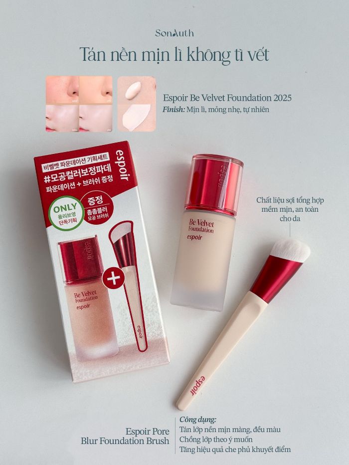 Bộ Kem Nền Kèm Cọ Espoir Be Velvet Foundation 2025 SPF22 30g + Pore Blur Foundation Brush