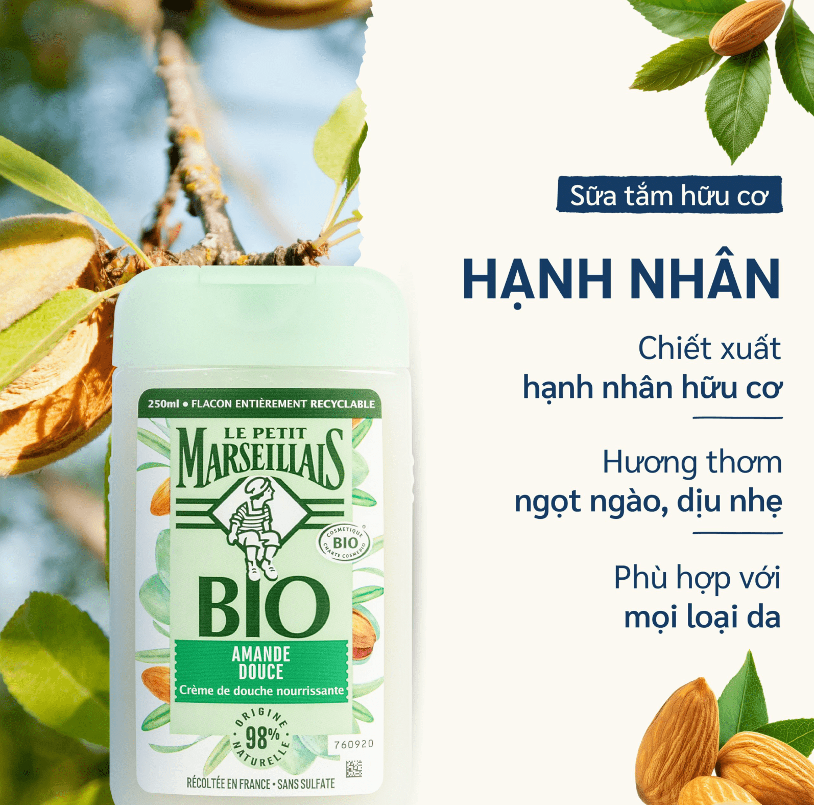 Sữa tắm 98% Hữu Cơ Le Petit Marseillais Shower Gel 98% Extra 250ml