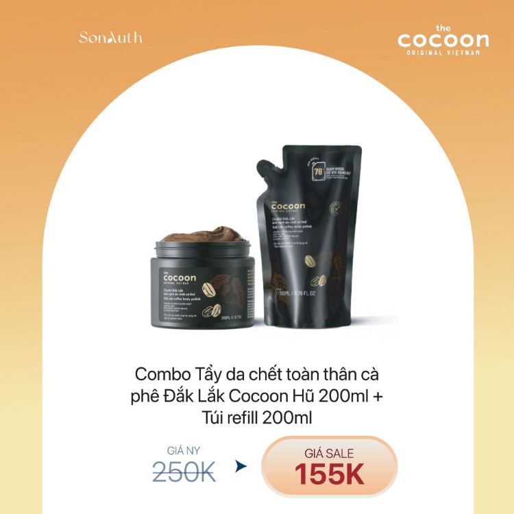 COMBO COCOON CT7-2 Tẩy Da Chết Toàn Thân Cà Phê Đắk Lắk Cocoon Hũ 200ml + Túi Refill 200ml